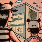 Drawing of a mother and child in a nuclear themed version of Disney Park