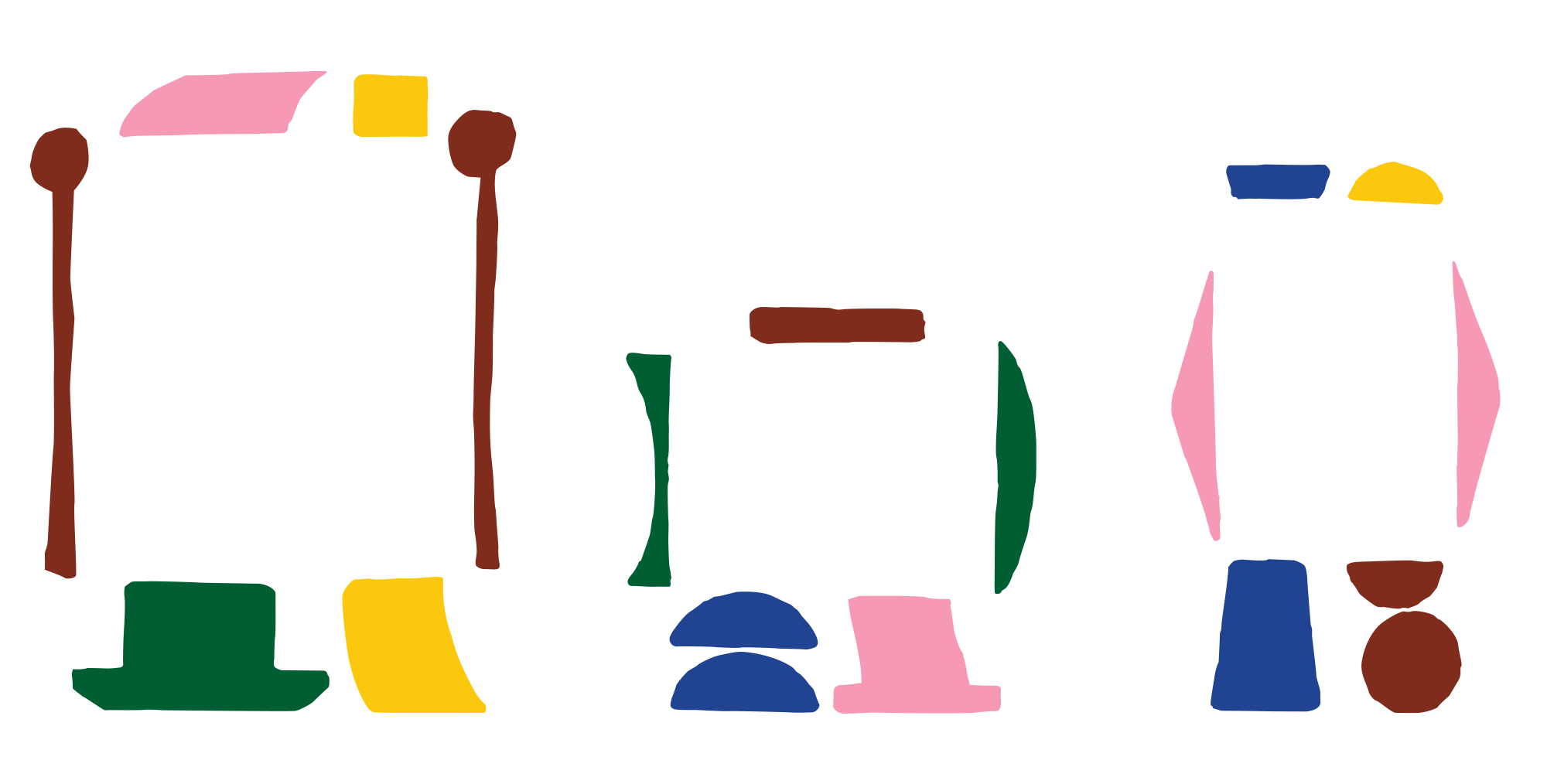 Three of the abstract easels grouped together in a row.