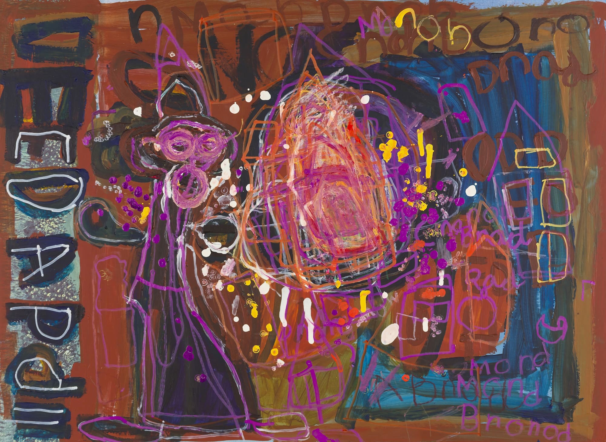 A vividly painted composition featuring a stylized figure in purple and pink on the left, facing an orange and red abstract form in the center. Surrounding the scene are layered text fragments, graphic house shapes, and gestural lines in bold, electric colors. The piece reflects Brandon Spicer-Crawley’s dynamic, improvisational style.