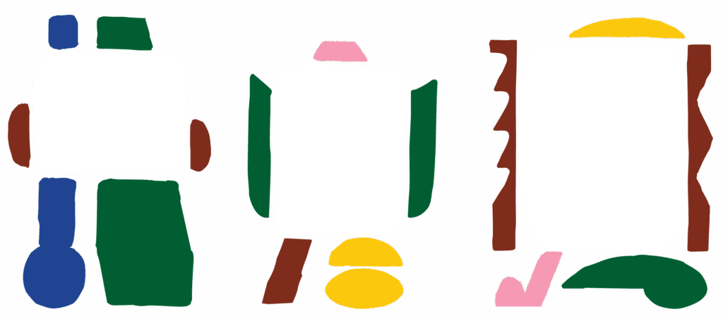 Abstract graphic mark resembling an easel form, used as a visual motif throughout the exhibition design. This sculptural-painterly symbol represents artistic practice and serves as a rhythmic branding element in place of the LOOK HERE logotype.