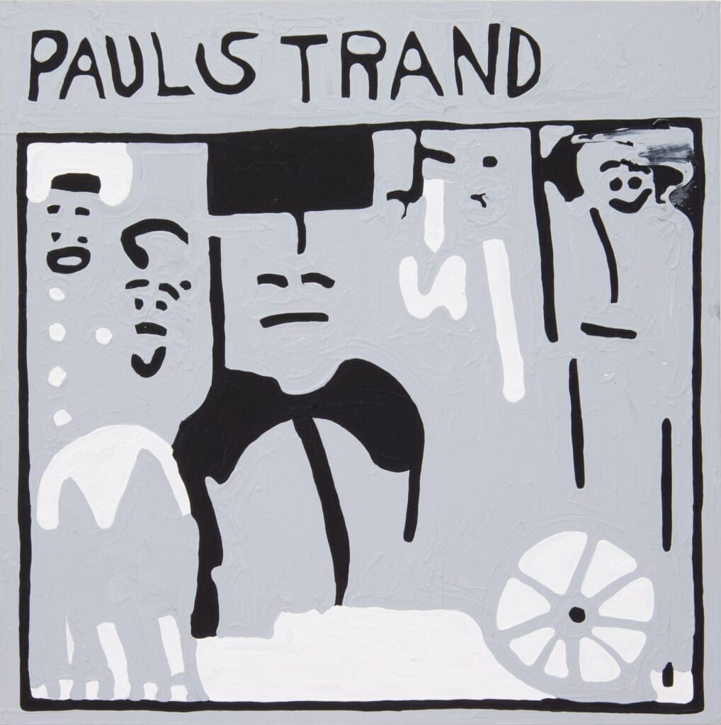 This acrylic painting on canvas by Marlon Mullen features a light gray background with layered black and white forms. A square border frames the composition, where faces and figures emerge subtly through the use of negative space. The words “PAUL STRAND” appear in all capital letters at the top.