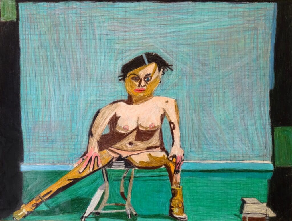 A colored pencil drawing by Judith Scott of a woman seated on a stool in an empty room, nude except for high heels. She leans to her left with her hands on her knees, right leg extended to the side. Her short black hair frames her face, and her lips are vivid with red lipstick.