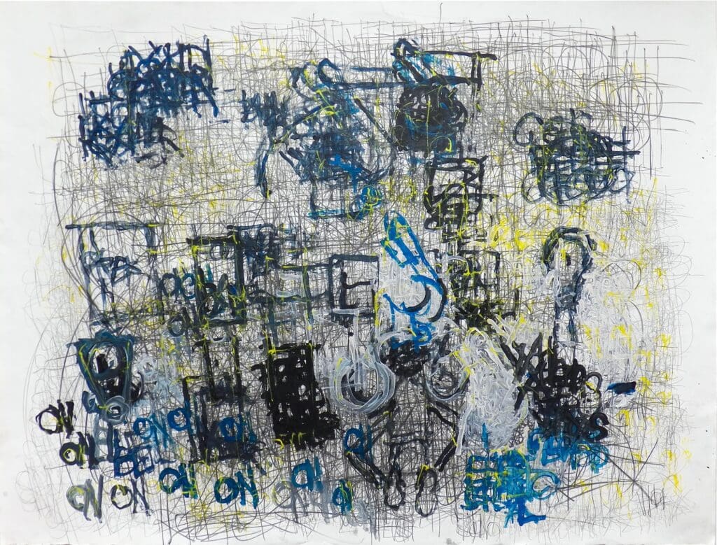 A work on paper by Dan Miller, made with acrylic and ink. Layers of writing and repeating words are interwoven with overlapping squares and dense fields of hash marks, creating a textured, rhythmic composition.
